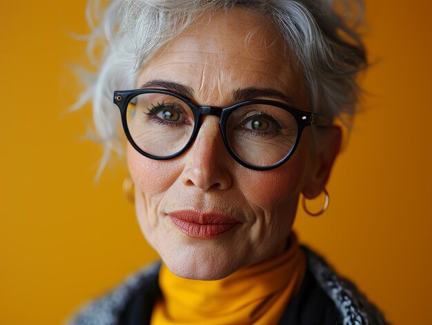 An older woman with glasses and a yellow background