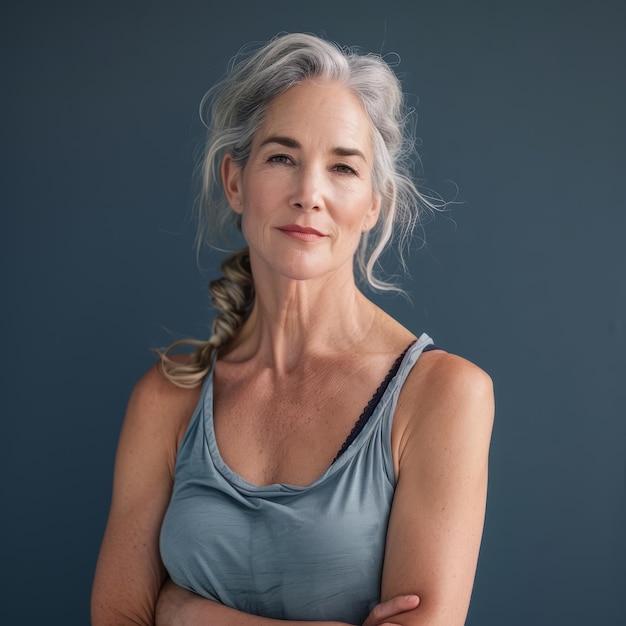 An older woman with gray hair and a blue tank top