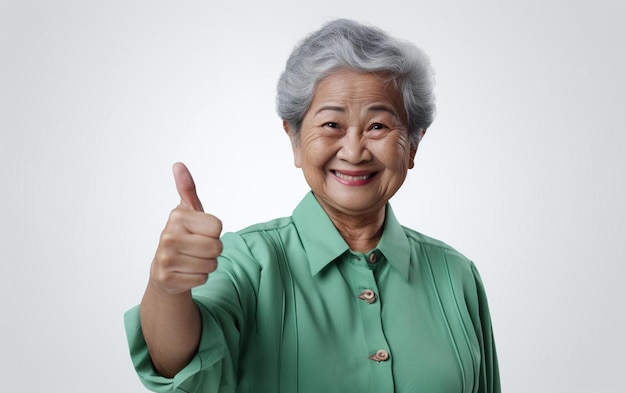 An older woman with gray hair giving a thumbs up sign.