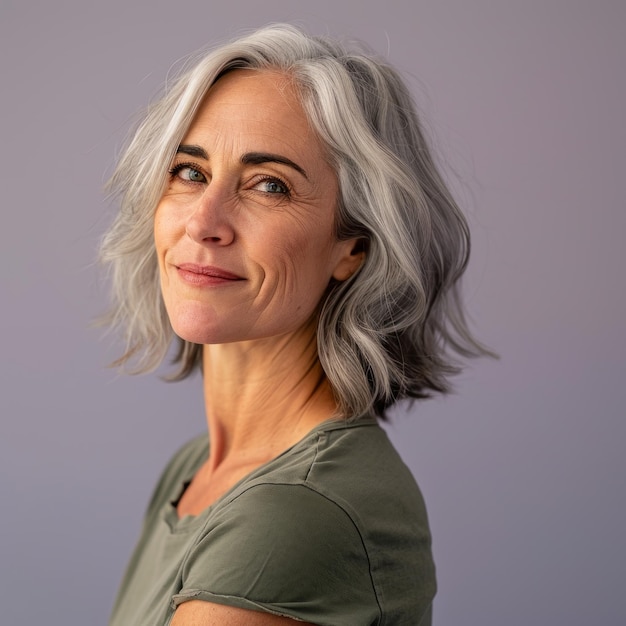 An older woman with gray hair and a green t shirt