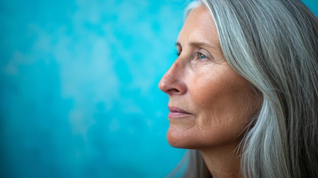 An older woman with gray hair looking off to the side