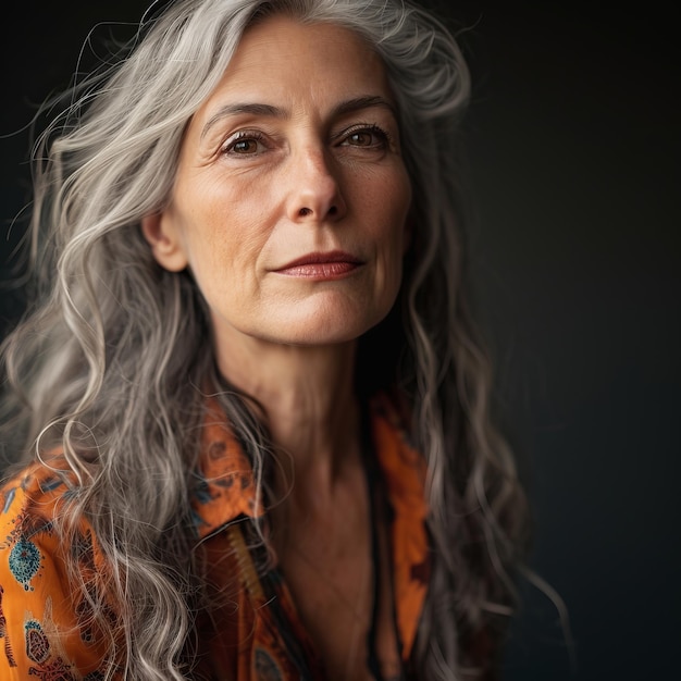 An older woman with gray hair and an orange shirt