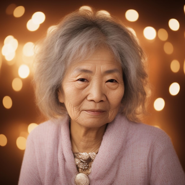 An older woman with gray hair and a pink sweater.