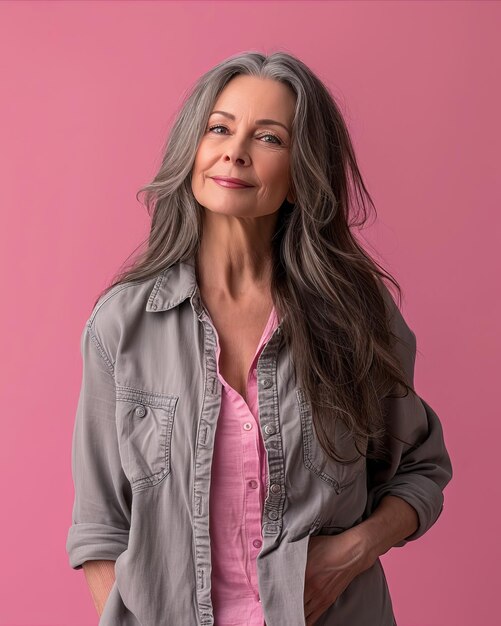 An older woman with gray hair posing against a pink background