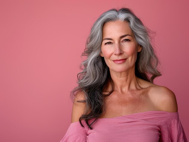 An older woman with gray hair posing against a pink background