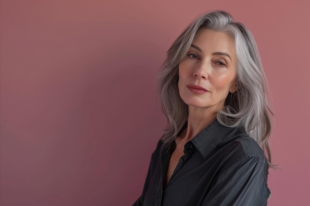 An older woman with gray hair posing against a pink wall