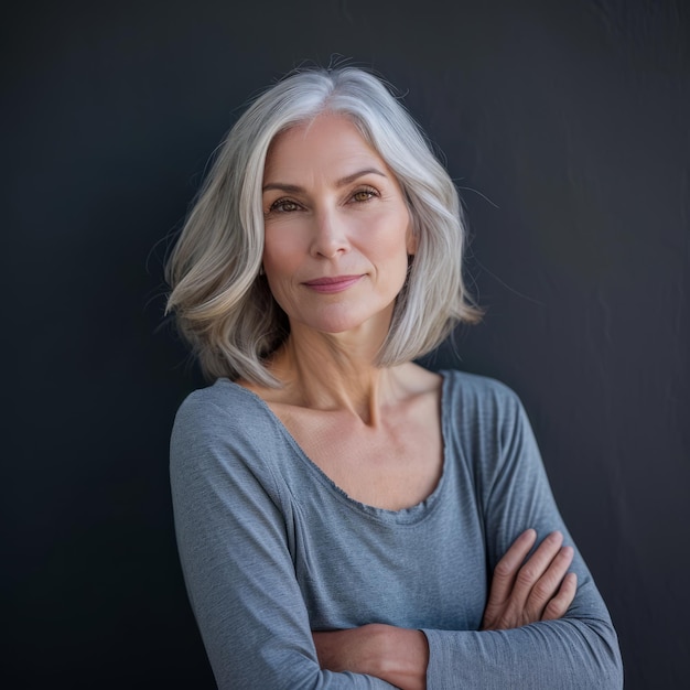 An older woman with gray hair posing for the camera