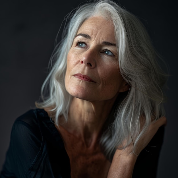 An older woman with gray hair posing for the camera