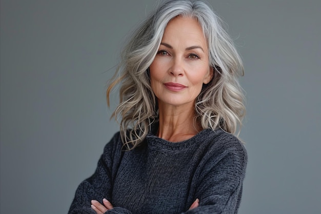 An older woman with gray hair posing for the camera