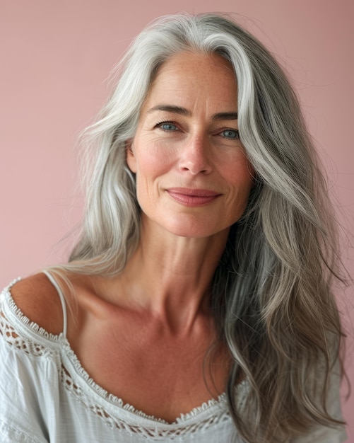 An older woman with gray hair posing for the camera