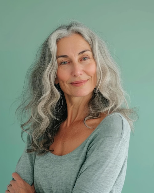 An older woman with gray hair posing for the camera