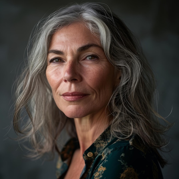 An older woman with gray hair posing for a portrait