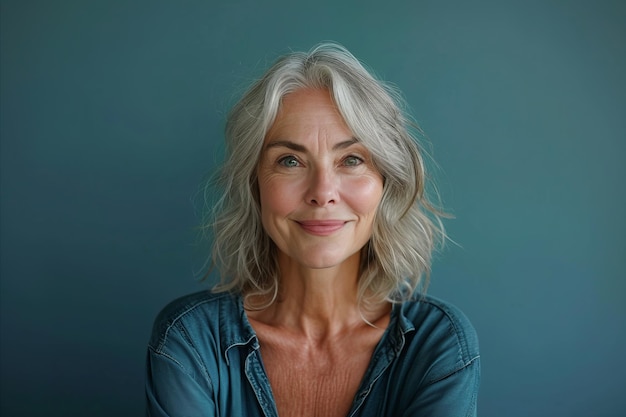 An older woman with gray hair smiling at the camera