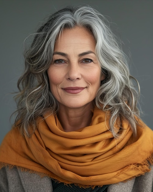 An older woman with gray hair wearing a scarf