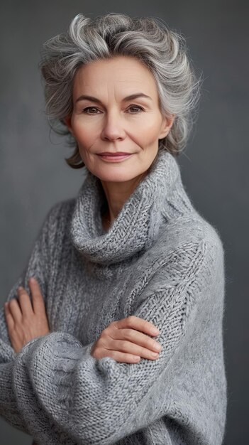 An older woman with gray hair wearing a sweater