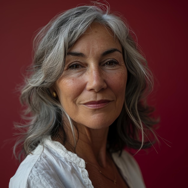 An older woman with gray hair and a white shirt