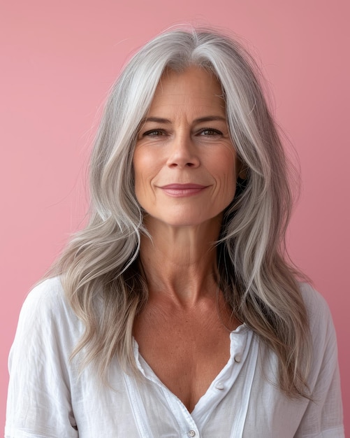 An older woman with gray hair and a white shirt