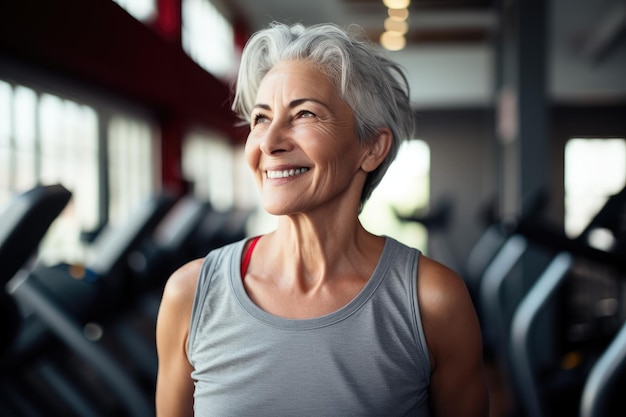 An older woman with a joyful expression on her face happily posing in a gym Smiling happy healthy fit slim senior woman with grey hair practising indoors sport AI Generated