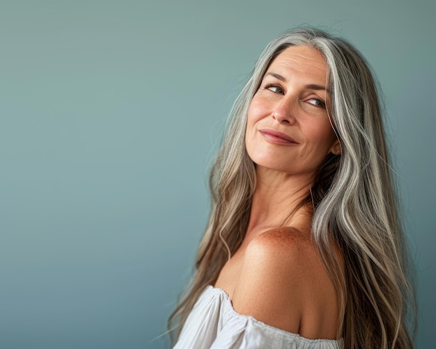 An older woman with long gray hair posing for the camera