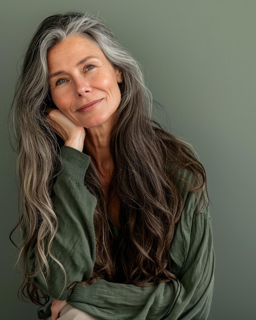 An older woman with long hair posing for the camera