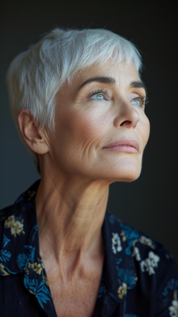 An older woman with short white hair looking up