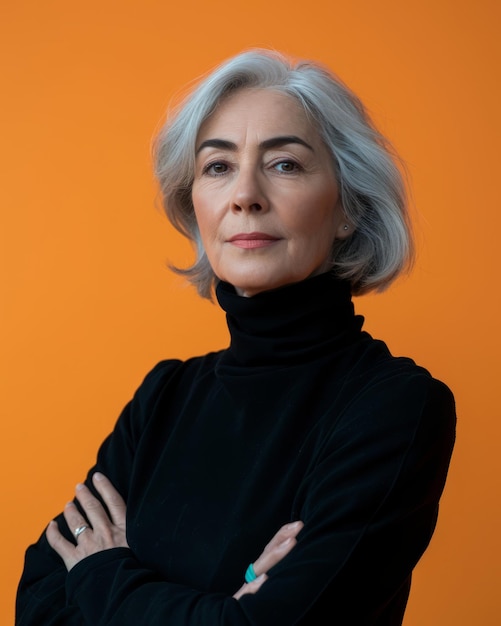 An older woman with white hair and black turtleneck standing in front of an orange background