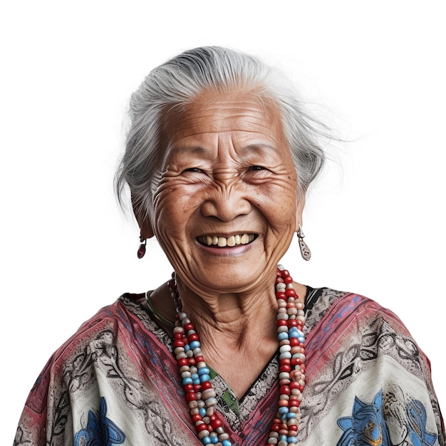 An older woman with white hair and a blue and red necklace.