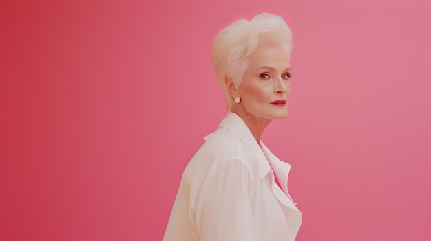 白髪とピンクの背景を持つ年配の女性