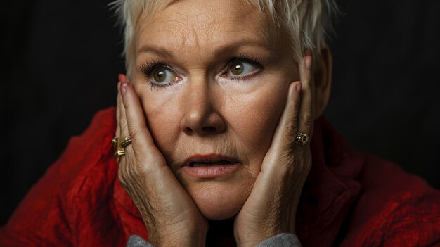 An older woman with white hair and a red jacket