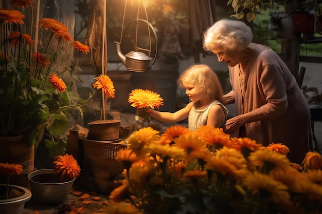 An older woman and a young girl are looking at flowers in a garden.
