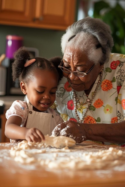 Photo an older woman and a young girl making cookies