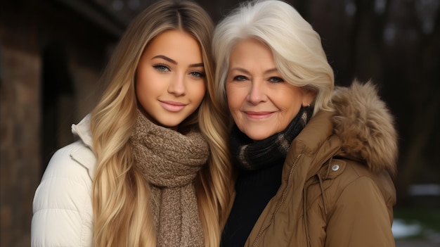 An older woman and a younger woman smiling and posing together for a photograph