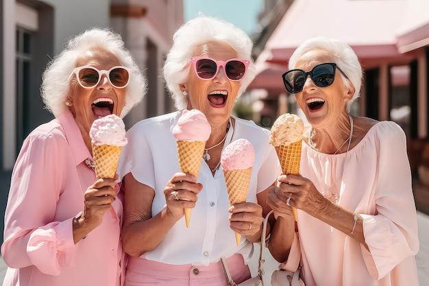 older women in pink eating ice cream on the street