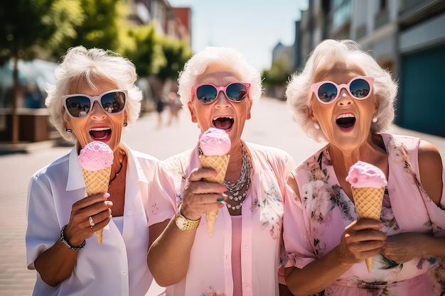 路上でアイスクリームを食べるピンクの服を着た年配の女性