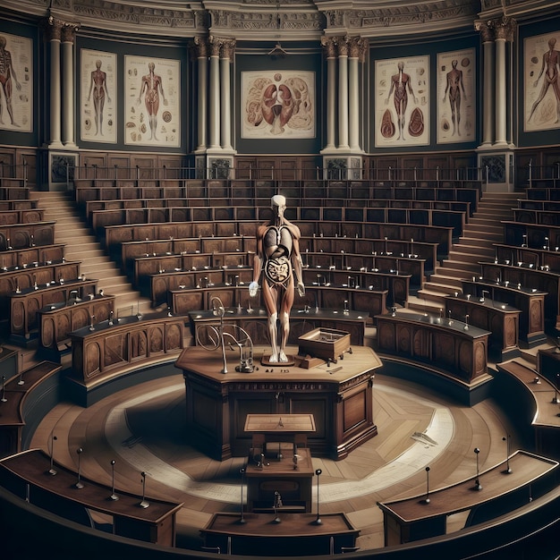 Oldfashion anatomical theater with rows of wooden seats arranged in a circular pattern