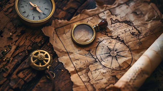 An oldfashioned compass and magnifying glass lie on top of a detailed world map evoking a sense of adventure and discovery