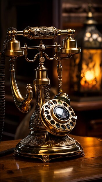 Oldfashioned golden phone with headset off on the table behind fire place 4k