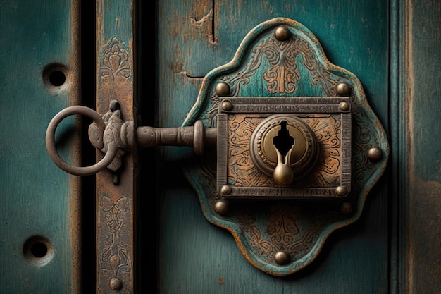 Oldfashioned hinged door lock with decorative keyhole in rustic wooden door