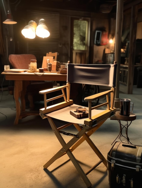 Oldfashioned interior with director's chair in the middle Film making studio at backdrop Generative AI