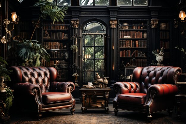 Oldfashioned library with leather chairs