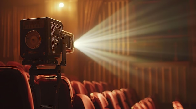 古い映画プロジェクターがほぼ空の劇場で放映されプロジェクタは三脚の上にあり画面を指しています