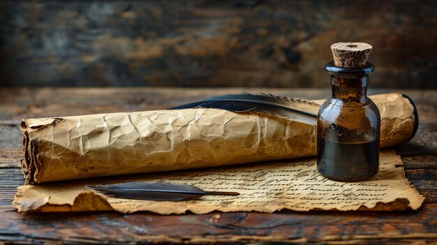 Oldfashioned quill pen and inkwell on parchment