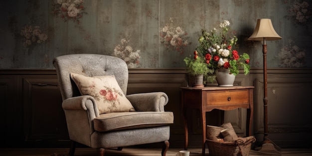 Oldfashioned rustic interior design featuring a vintage room with wallpaper and an armchair