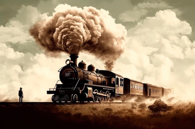 An oldfashioned steam locomotive puffs along the tracks