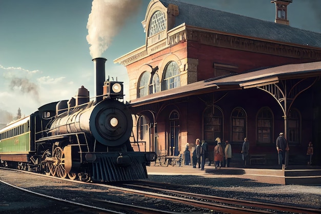 Foto vecchia stazione ferroviaria con motore a vapore e carrozze d'epoca in attesa di partire