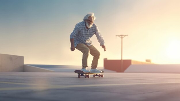 Foto oldman si diverte e cavalca con un grande sorriso