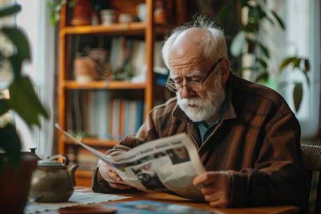 Oldman sits at table and reading newspaper at home