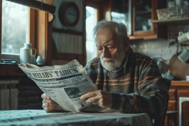 Oldman zit thuis aan tafel en leest krant.