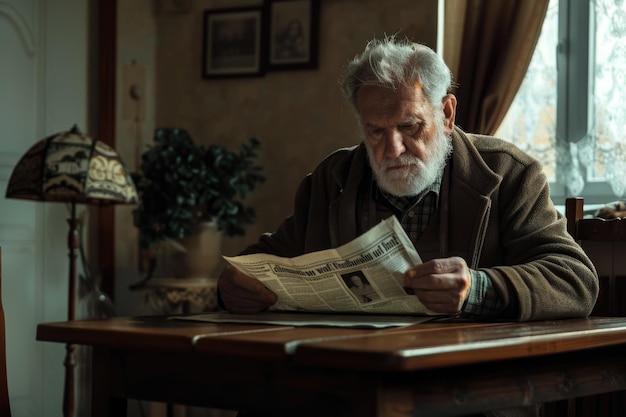 Oldman zit thuis aan tafel en leest krant.
