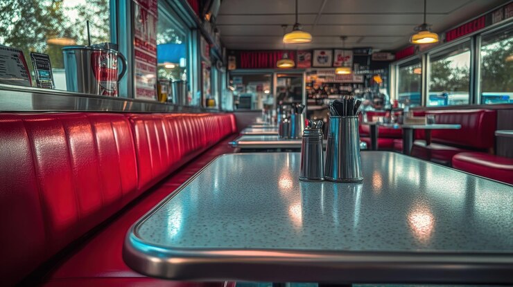 Foto oldschool diner met chroom en vinyl stoelen